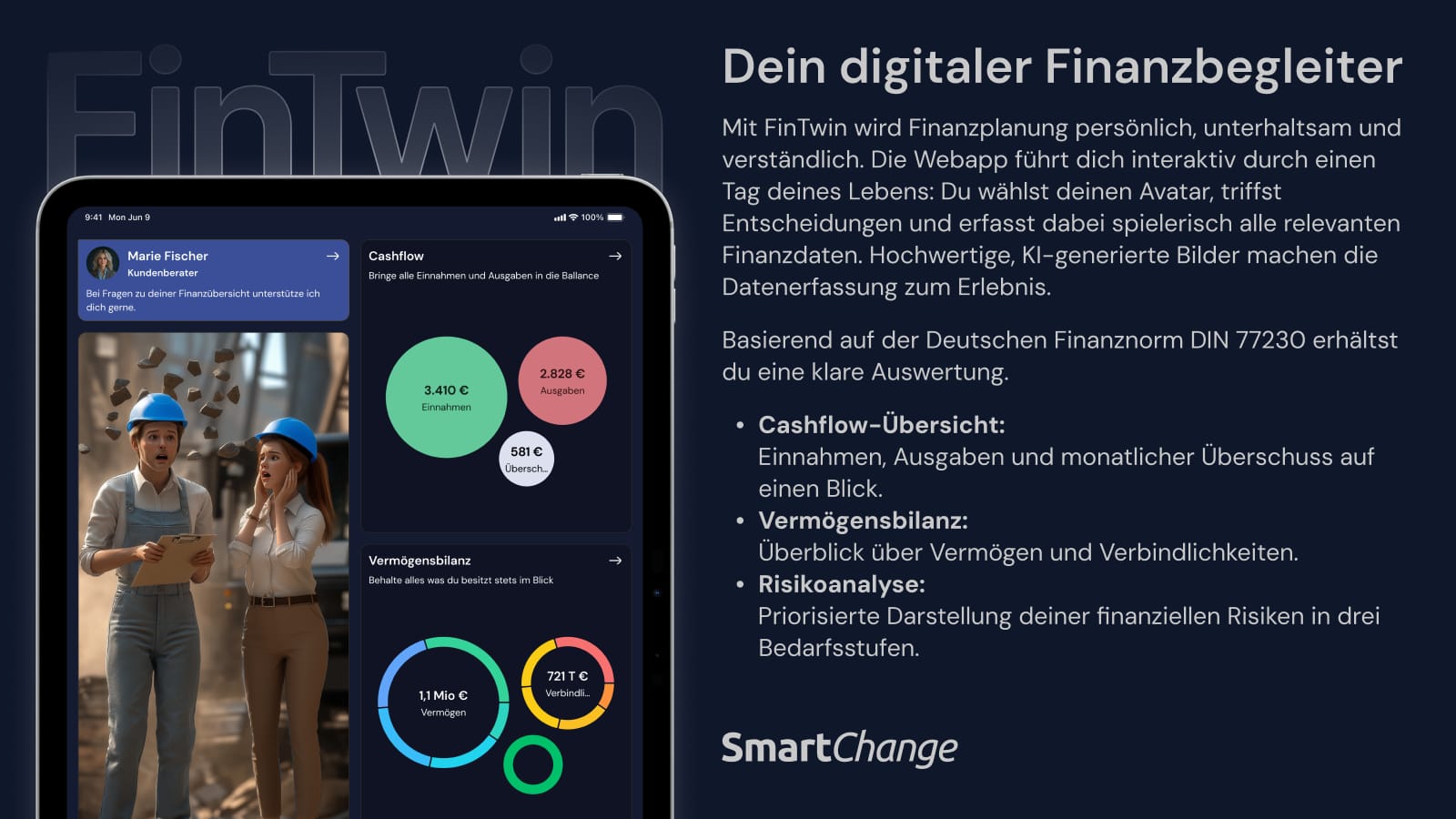 FinTwin auf einem Tablet mit Cashflow, Vermögensbilanz und einer KI-generierten Szene