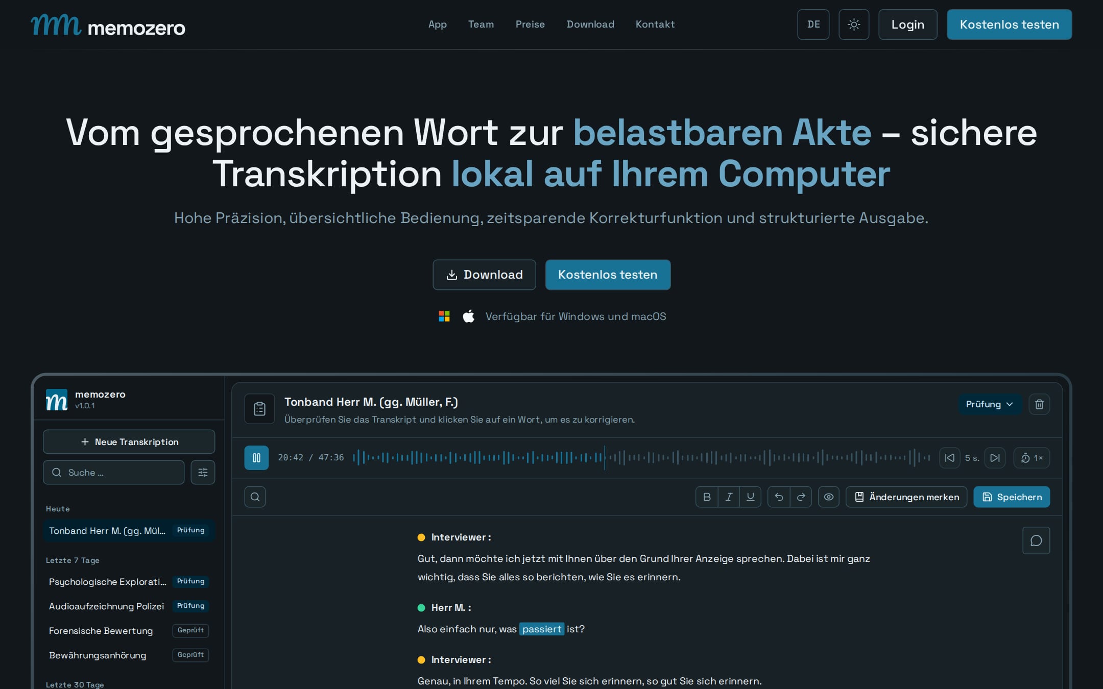 memozero-Website mit dem Transkript-Editor