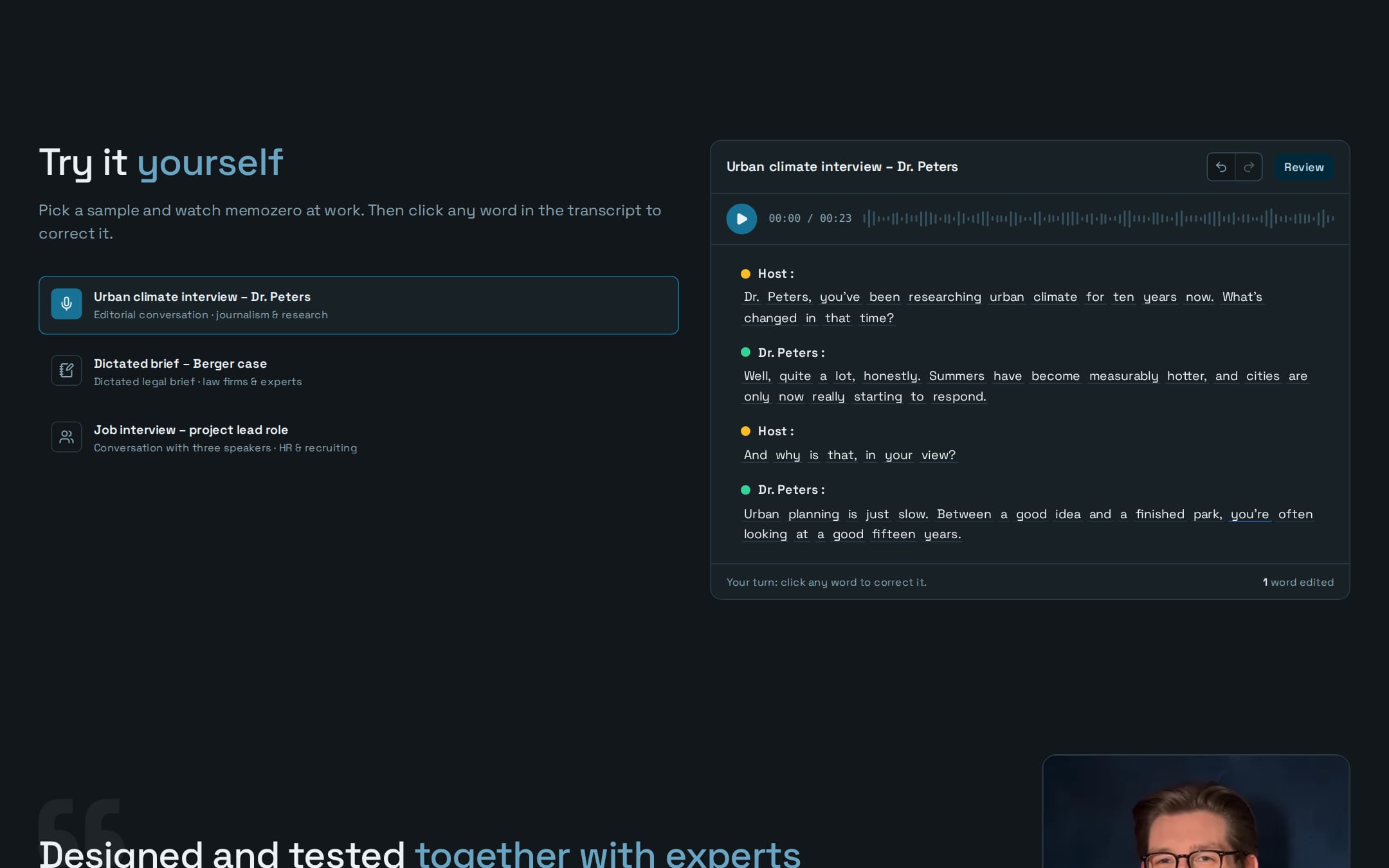 Interactive demo with sample interviews and synced transcript