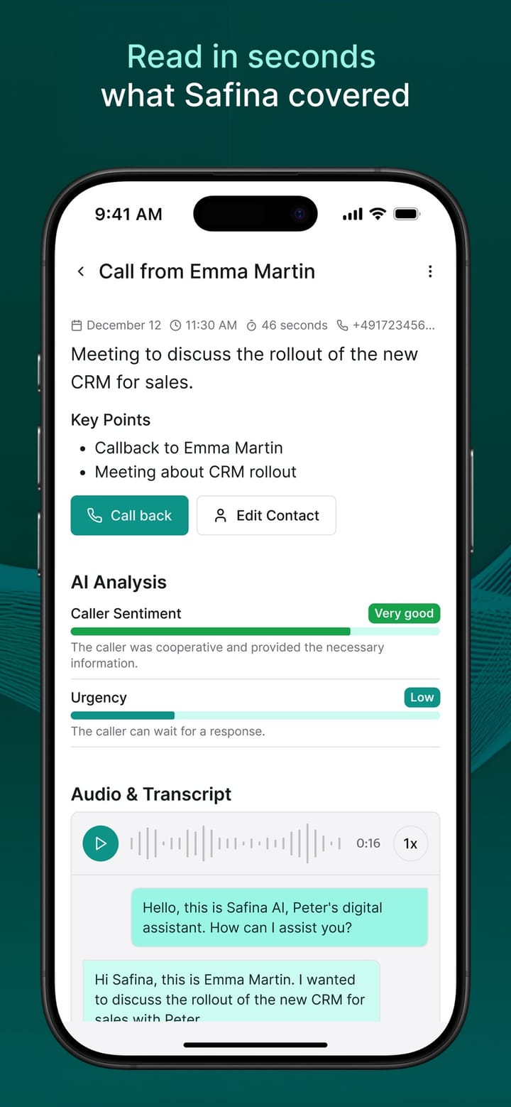 Call summary with key points, AI analysis and transcript